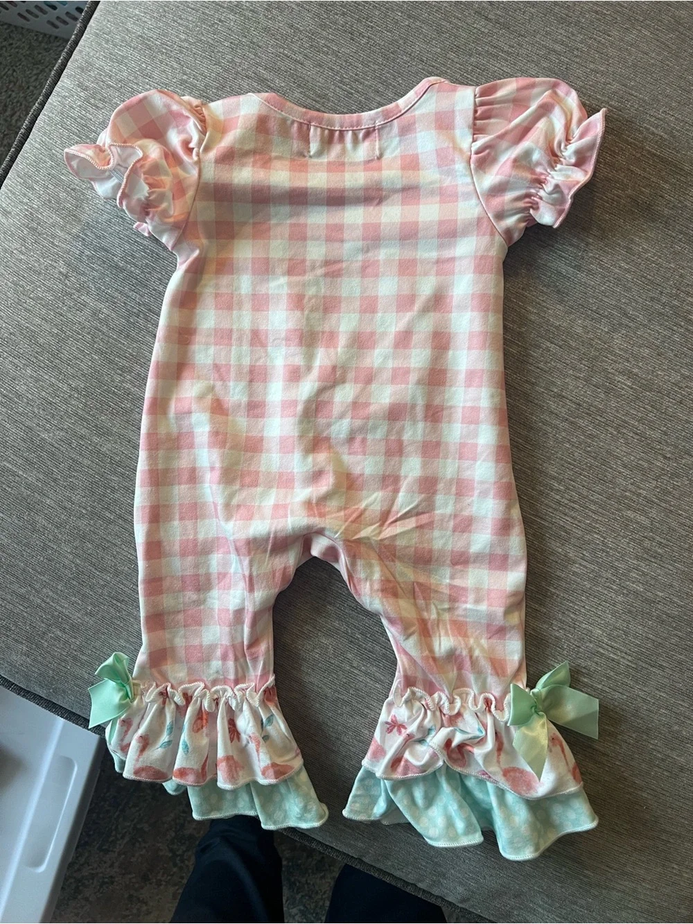 Pink Gingham Flamingo Ruffle One-Piece Romper by Marie Nicole